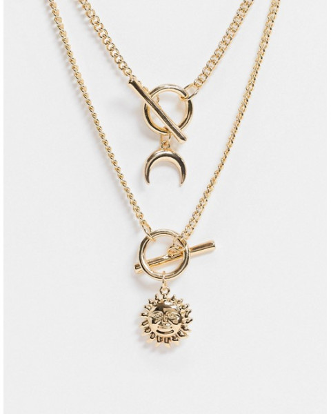 DESIGN necklace with T-bar and sun and moon in gold tone
