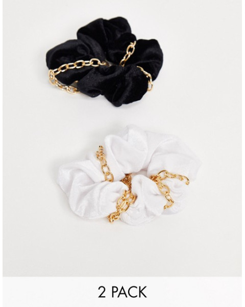 My Accessories London Exclusive multipack x 2 scrunchies in velvet with chain detail
