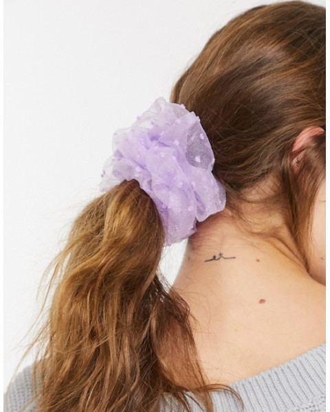 large scrunchie in spotty organza in lilac purple