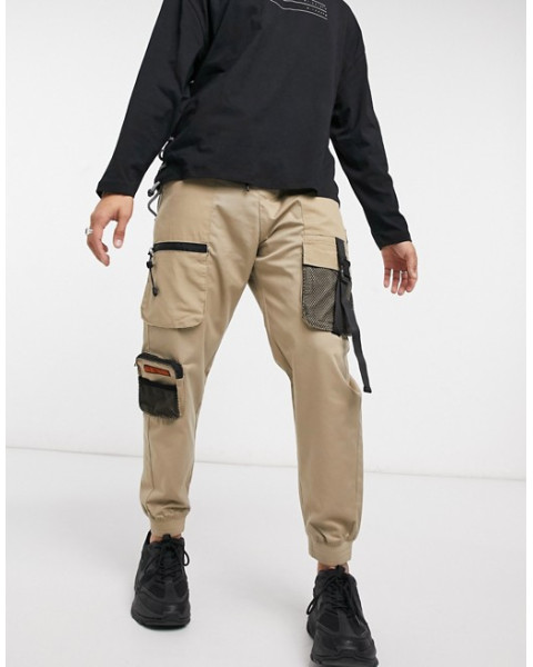 Bershka cargo joggers with mesh detail in beige