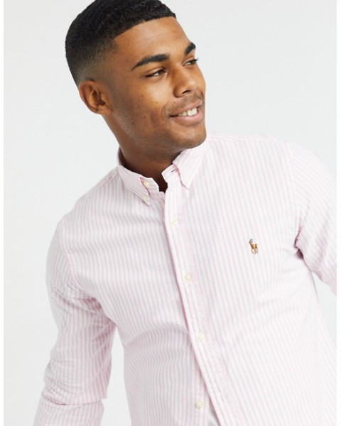Polo Ralph Lauren multi player logo stripe oxford shirt slim fit buttondown in pink/white Polo Ralph Lauren multi player logo stripe oxford shirt slim fit buttondown in pink/white